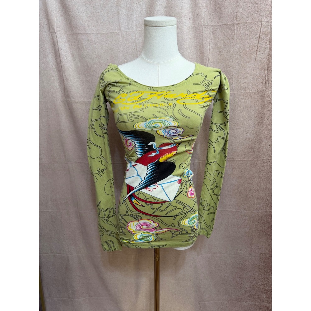 Ed Hardy Christian Audigier Y2K Swallow Tattoo Hooded Long Sleeve Top Green XS